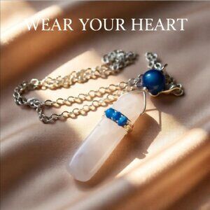 Handmade! Embellished Rose Quartz + Azure Blue Agate Pendant Necklace 20"